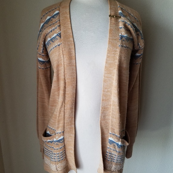 Vintage Kmart Tan Knit Cardigan Sweater & Brooch - Picture 2 of 8